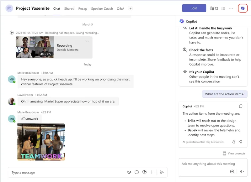 Copilot csevegés a Microsoft Teamsben