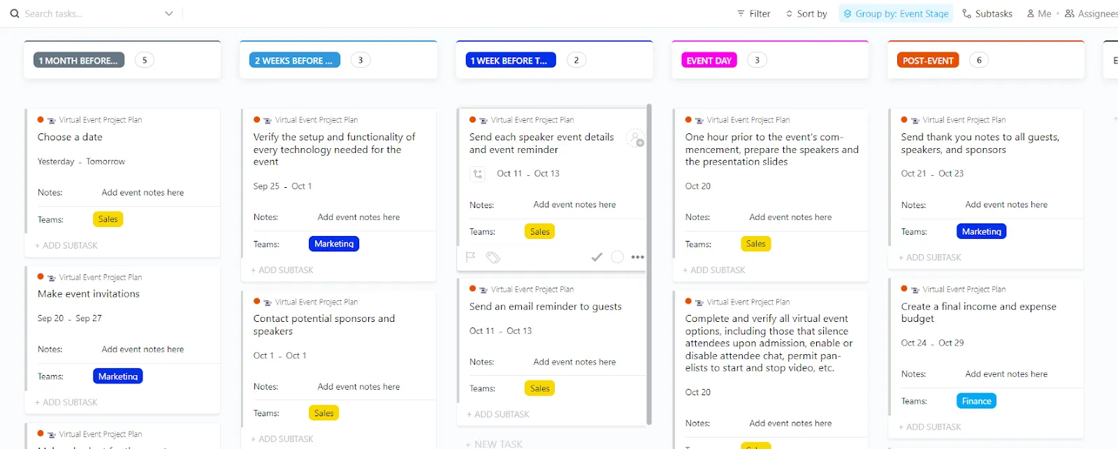 ClickUps mall för projektplan för virtuella evenemang