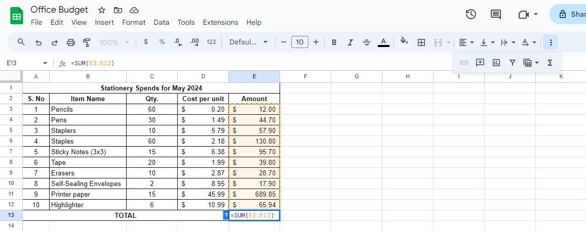 การรวมค่าในคอลัมน์โดยใช้แถบเครื่องมือ วิธีรวมค่าในคอลัมน์ใน Google Sheets ภาพหน้าจอ 3