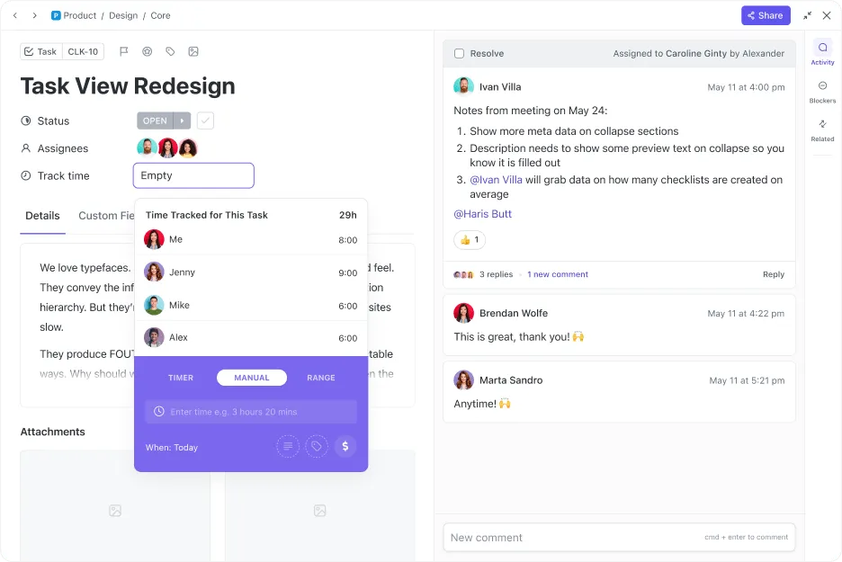 A ClickUp natív időkövetése