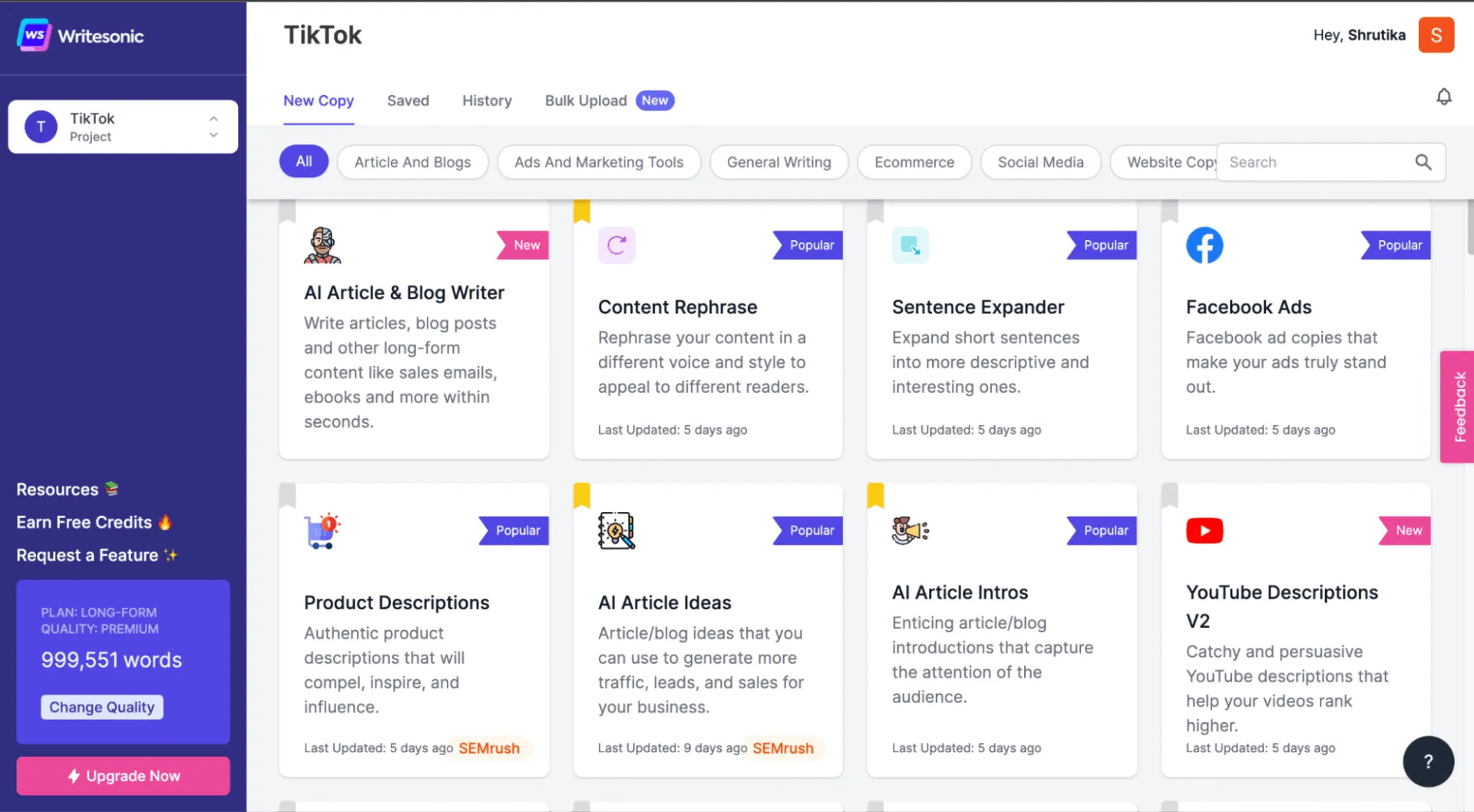 Writesonic Dashboard: AI-skrivverktyg