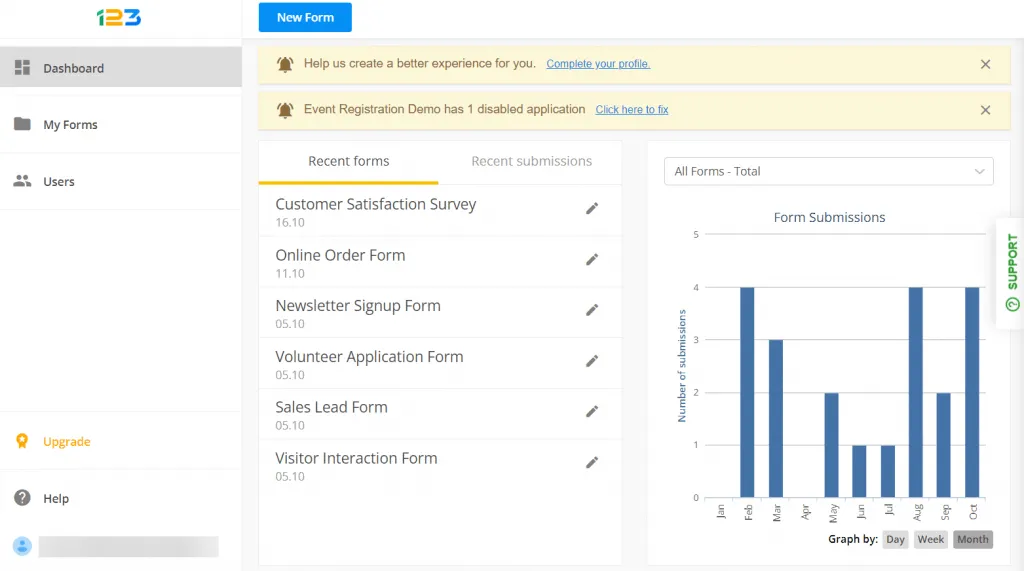 bảng điều khiển 123FormBuilder