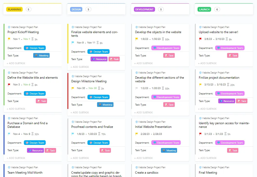 ClickUp 웹사이트 디자인 프로젝트 플랜 템플릿 : 제품 디자인 템플릿