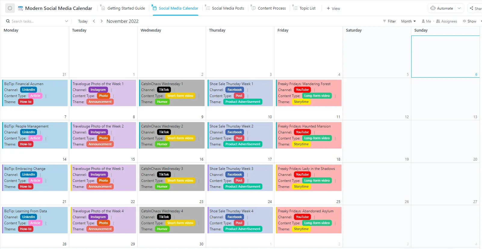 Beheer en plan posts op sociale media met een aanpasbare ClickUp-sjabloon voor een socialemediakalender