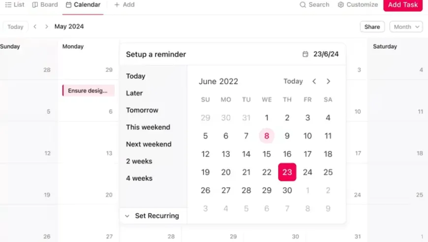 E-mail de acompanhamento após a reunião: defina lembretes de eventos com a visualização de calendário do ClickUp.