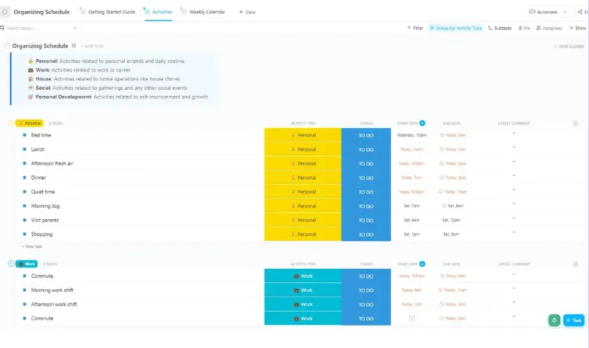 Mettez de l'ordre dans vos routines personnelles, de travail et sociales grâce au modèle de planning ClickUp Organizing.