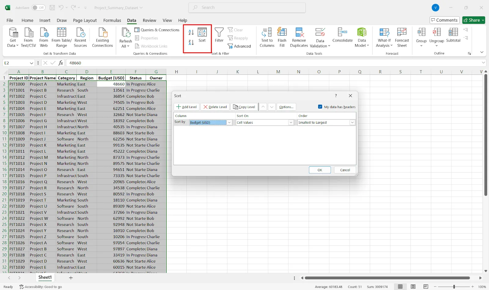 قم بفرز مصدر البيانات في برنامج Microsoft Office