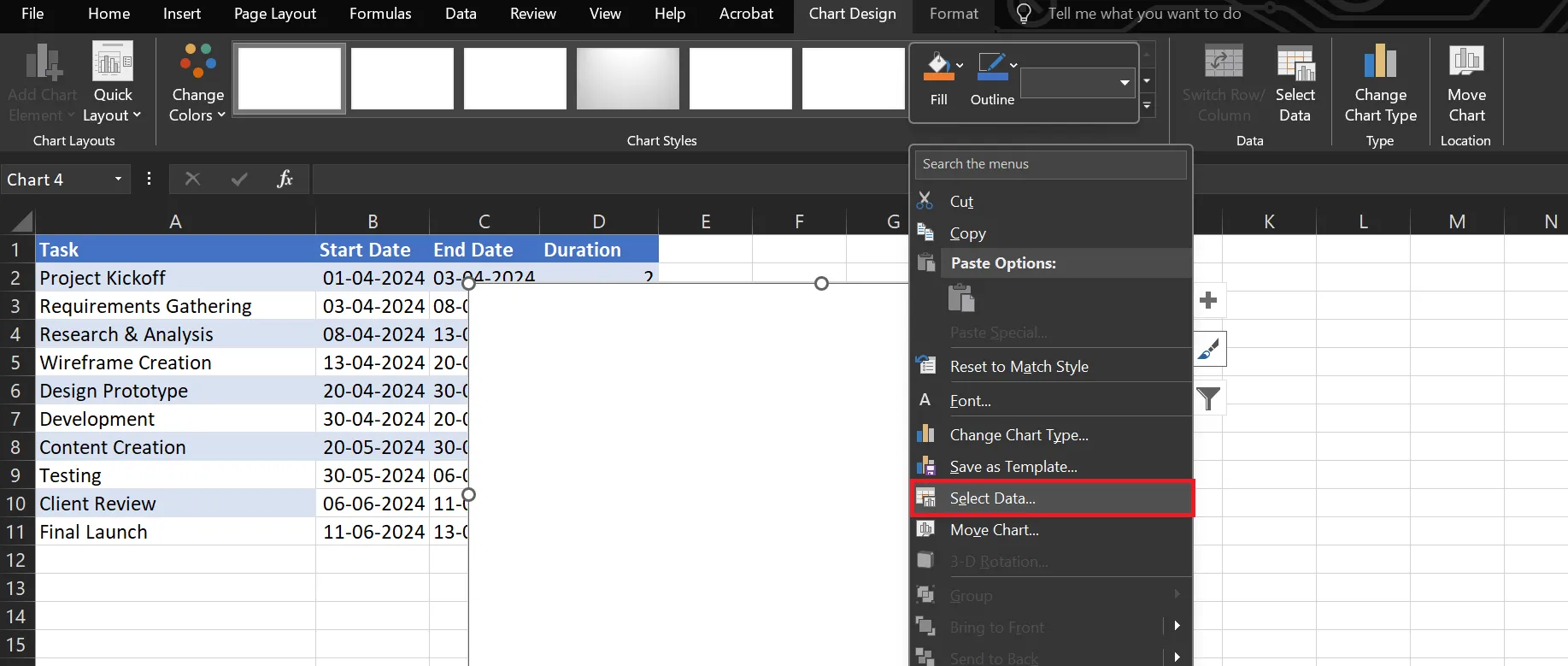Mở cửa sổ Chọn nguồn dữ liệu trong Excel