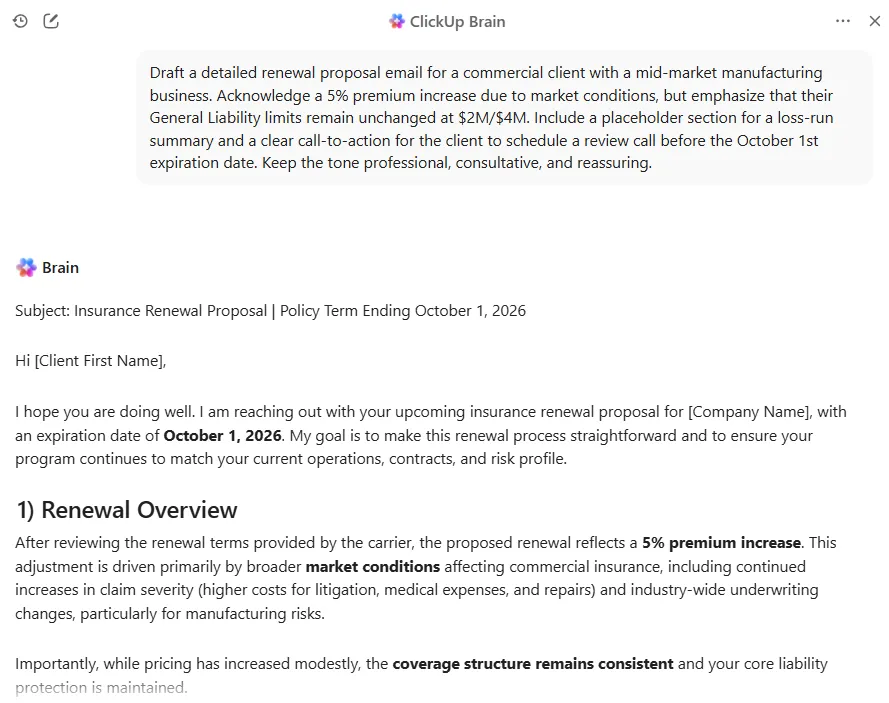 Usa ClickUp Brain per scrivere, utilizzando un prompt in un linguaggio semplice