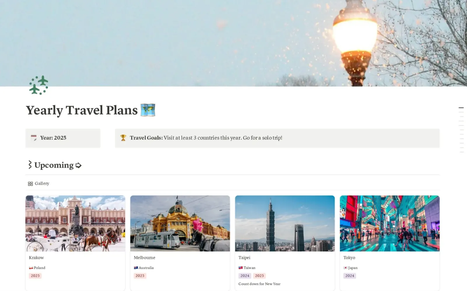 Notion için seyahat planları şablonu