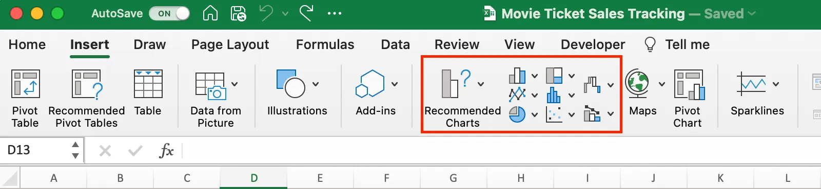 Thanh công cụ tab Chèn trong Excel