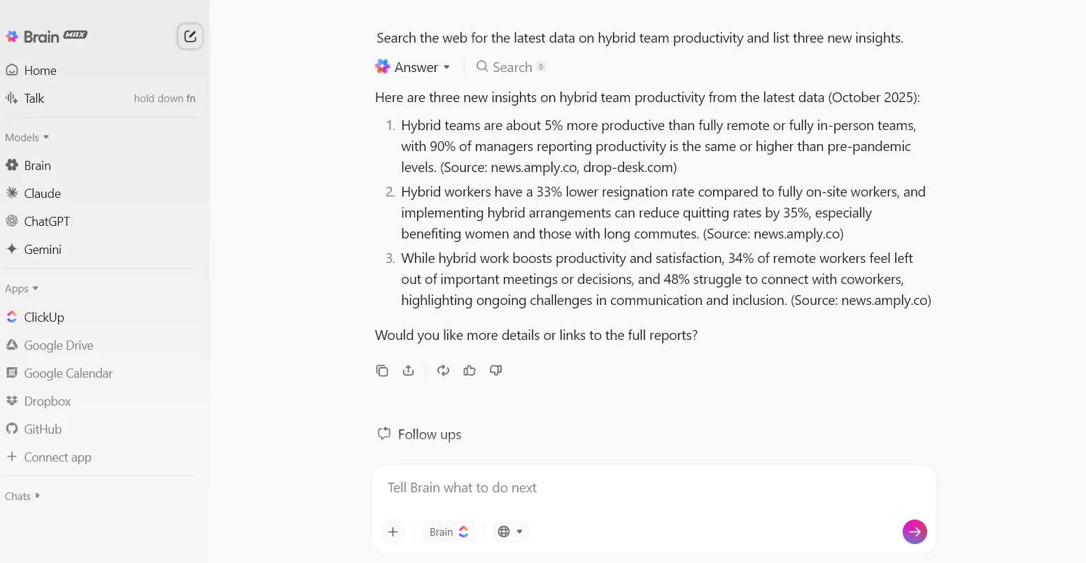 ClickUp Brain MAX: AI tools와 웹 페이지를 가로지르는 검색으로 연구 주제에 대한 통찰력을 얻으세요