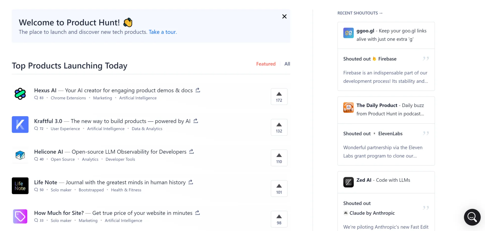 Page d'accueil de ProductHunt