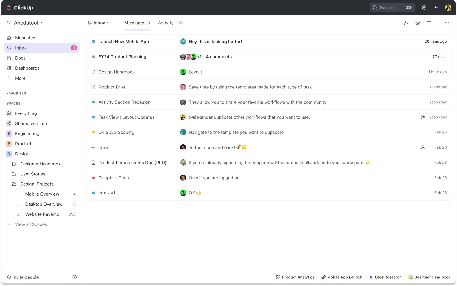 ClickUp Inbox: diagram milestone