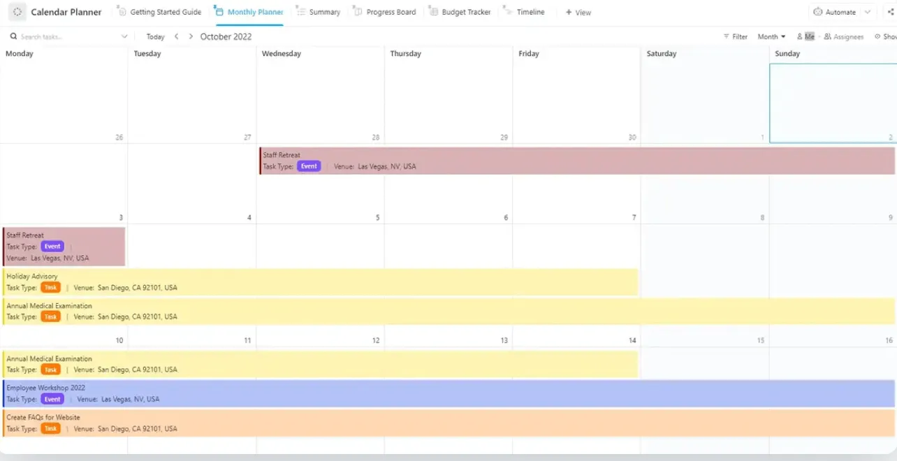 Organisieren Sie Ihre Aufgaben und Ereignisse an einem Ort mit der ClickUp-Kalenderplaner-Vorlage.
