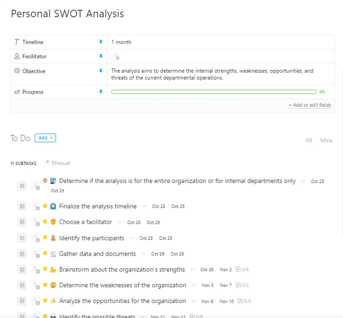 Verbeter de huidige operationele sterke punten van uw organisatie en houd tegelijkertijd de zwakke punten in het systeem in de gaten met behulp van de ClickUp Personal SWOT Analysis Template