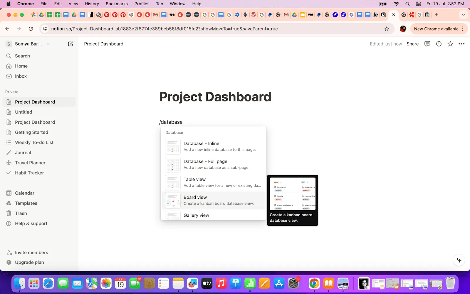 Base de données dans le tableau de bord Notion