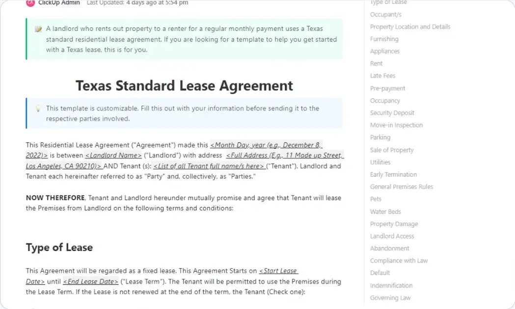 Modèles de gestion immobilière ClickUp Lease Agreement Texas