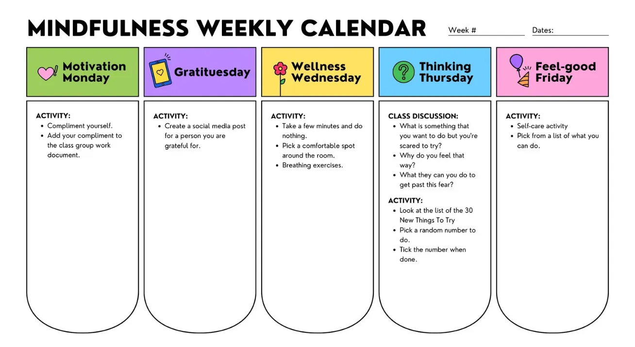 Template Kalender Rencana Pelajaran Mingguan Mindfulness Sosial dan Emosional dengan Desain Flat dan Warna-warni