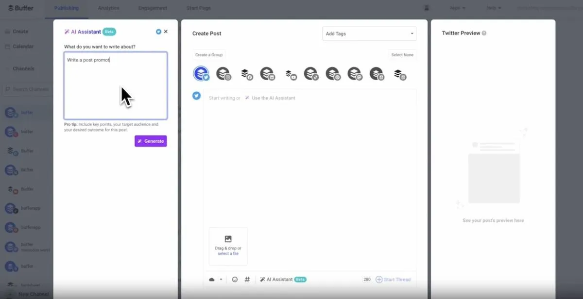 إنشاء منشور باستخدام Buffer AI Assistant