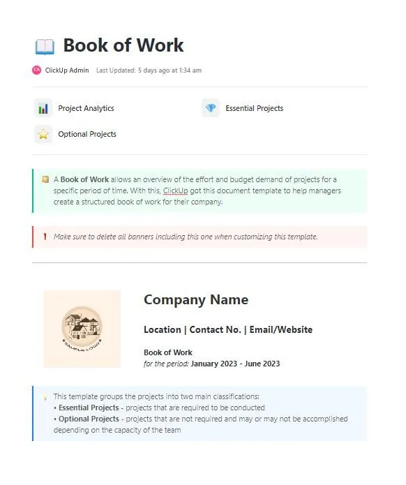 Houd de vraag naar portfolio's en middelen bij met de ClickUp Book of Work-sjabloon