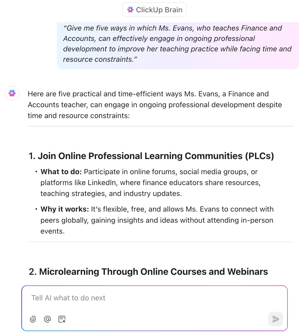 Développement professionnel pour les enseignants sur ClickUp Brain : invites IA pour l'enseignement