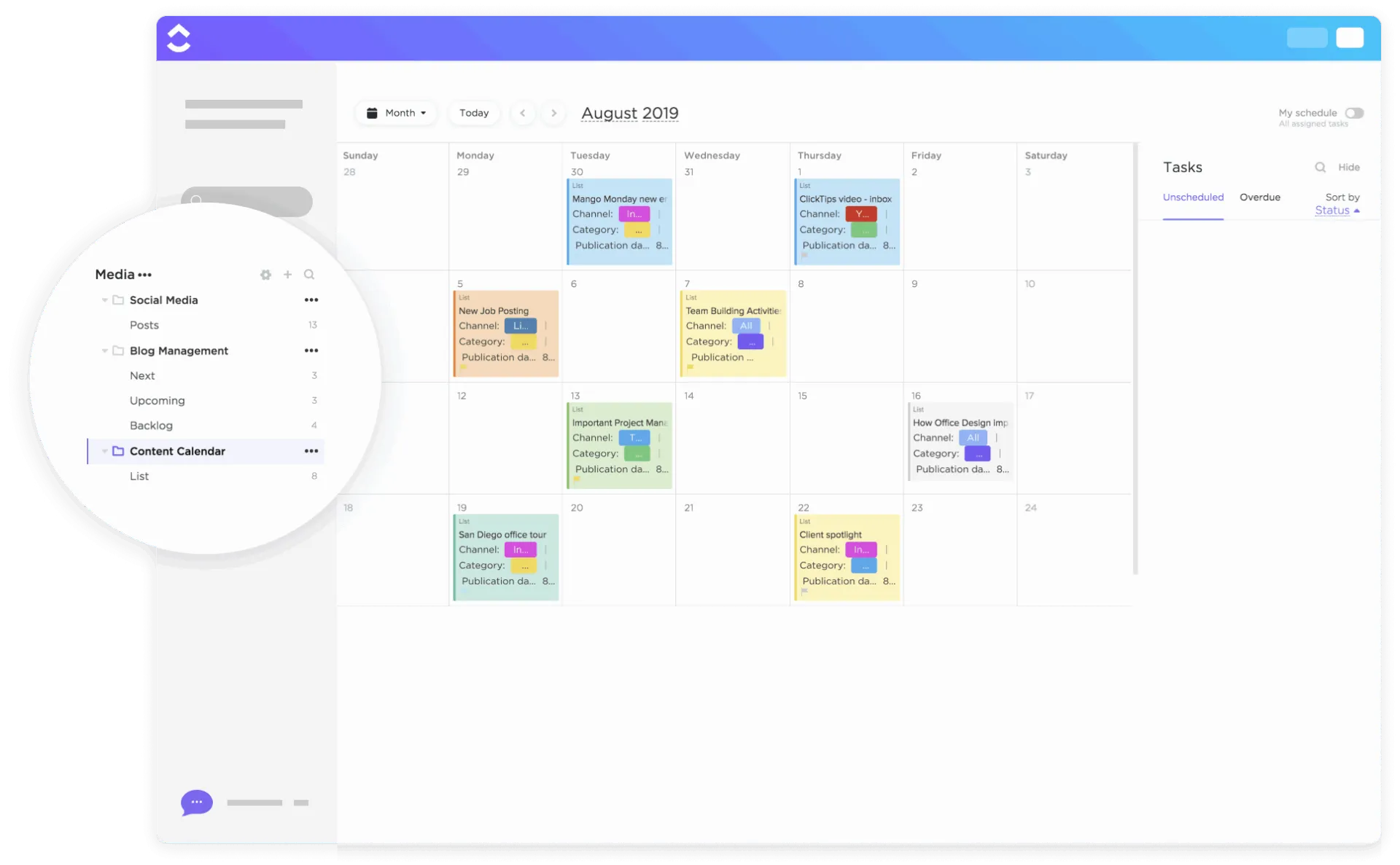 Modèle de calendrier de contenu ClickUp pour les publicités de conversion