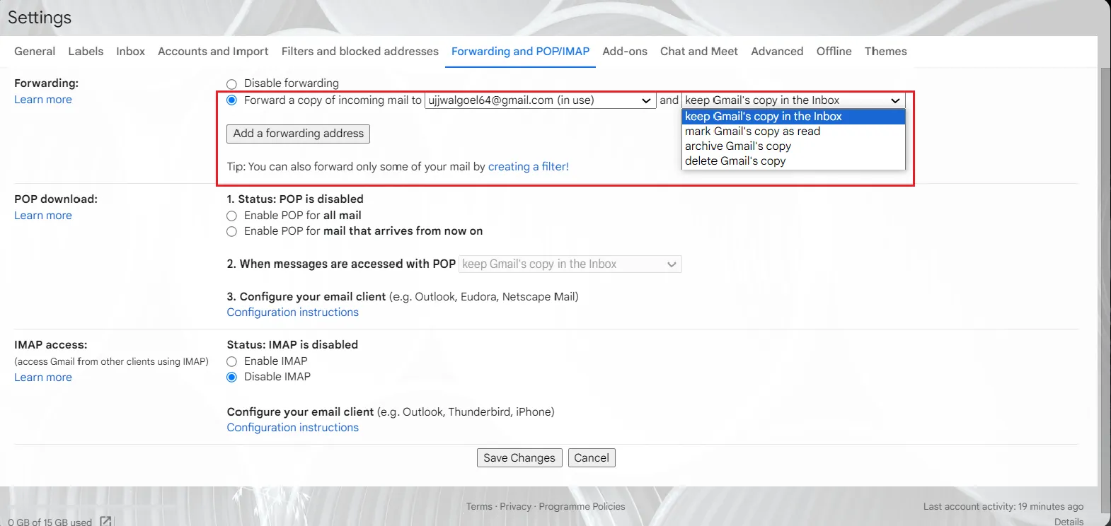Scegli un'azione per la copia di Gmail