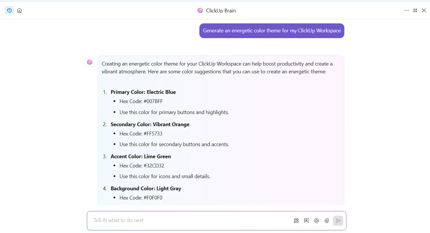 Crea combinazioni di colori estetiche con ClickUp Brain: come rendere esteticamente gradevole Google Calendar