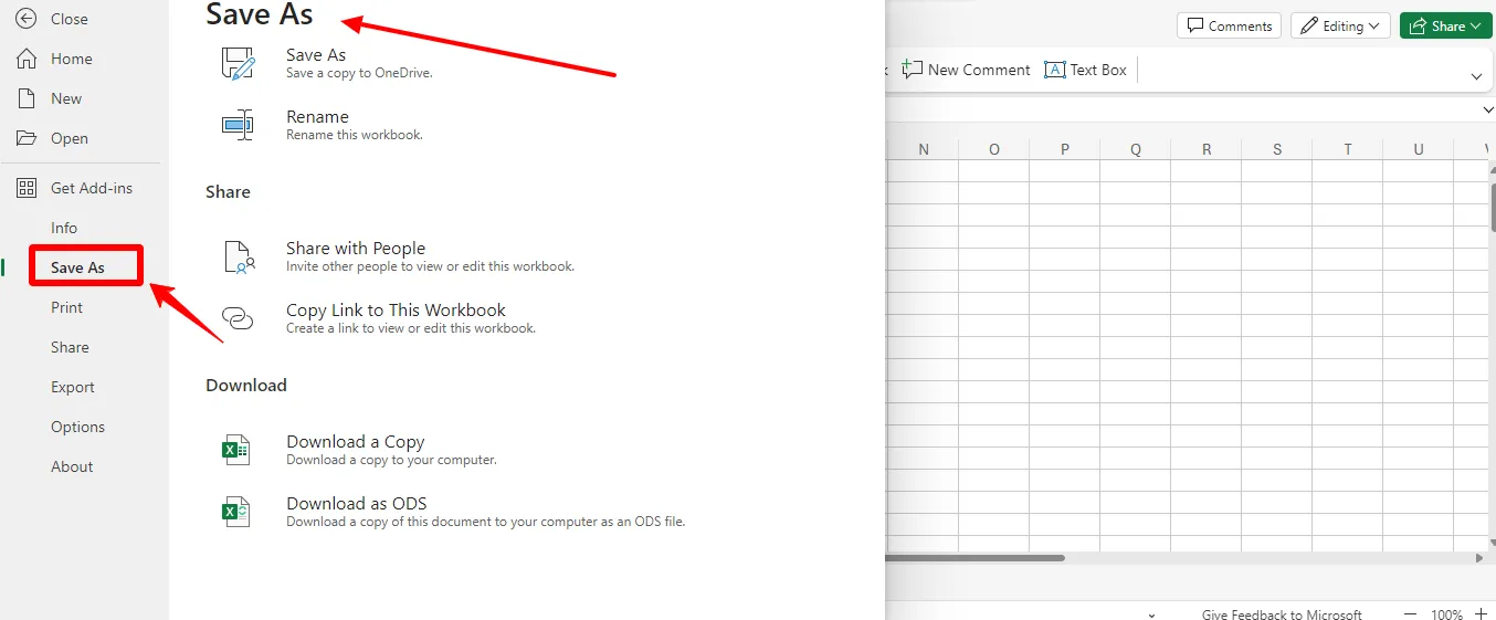 Phần "Lưu dưới dạng" trong Microsoft Excel