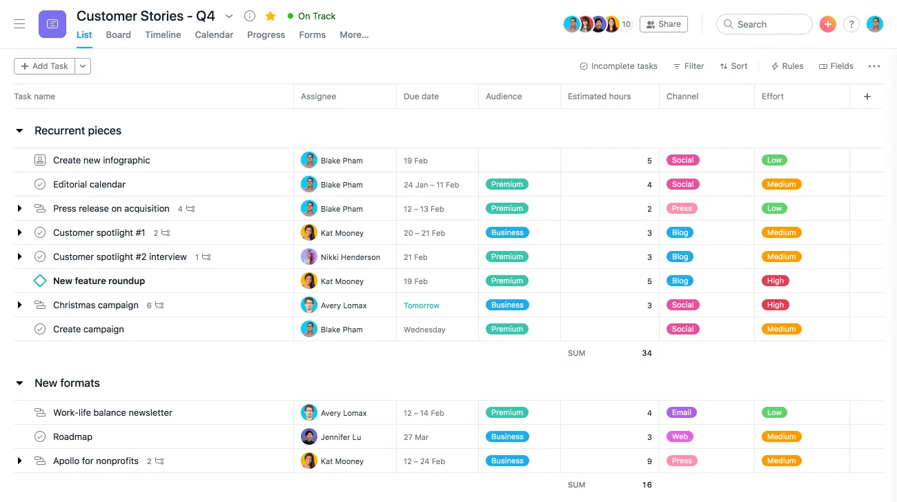 Beispiel für die Listenansicht in Asana