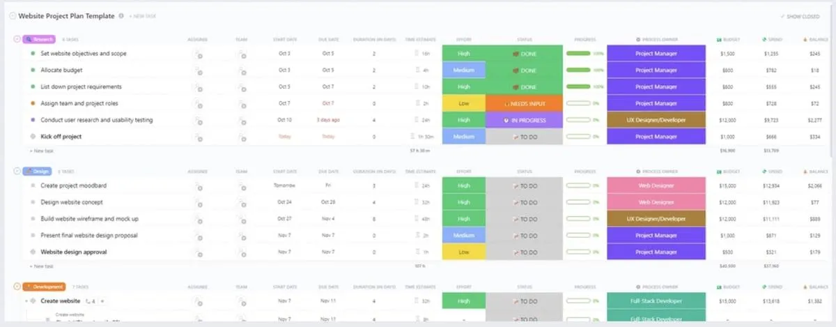 Modèle de plan de projet de site web par ClickUp