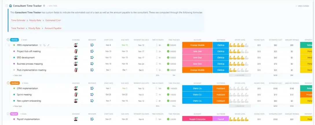 เทมเพลตการติดตามเวลาสำหรับที่ปรึกษาของ ClickUp ได้รับการออกแบบมาเพื่อช่วยให้คุณติดตามชั่วโมงการทำงานที่สามารถเรียกเก็บเงินได้และการชำระเงินของที่ปรึกษา