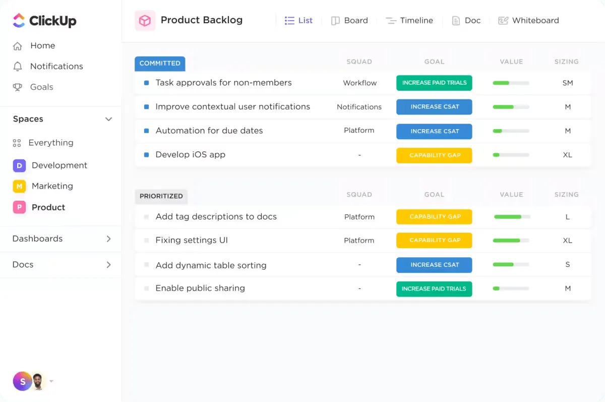 Vista Lista de ClickUp para el backlog de productos