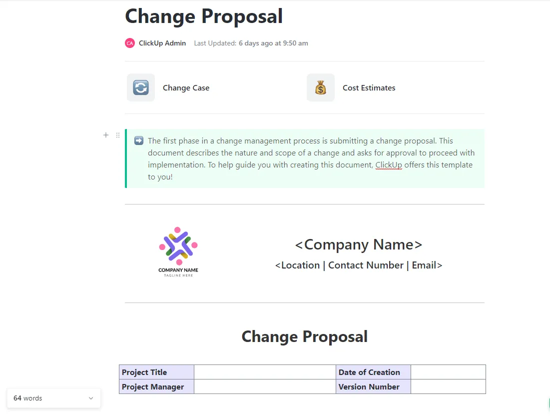 قالب اقتراح التغيير من ClickUp: قم بتوثيق تغييرات النطاق وطلب الموافقات بوضوح منظم