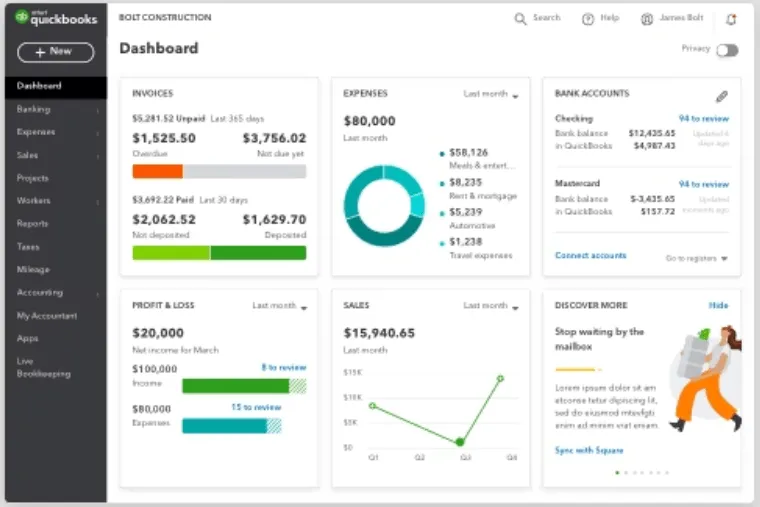 Bảng điều khiển QuickBooks Self-Employed với menu cho số dặm, chi phí, tài khoản ngân hàng và các nguồn thông tin khác