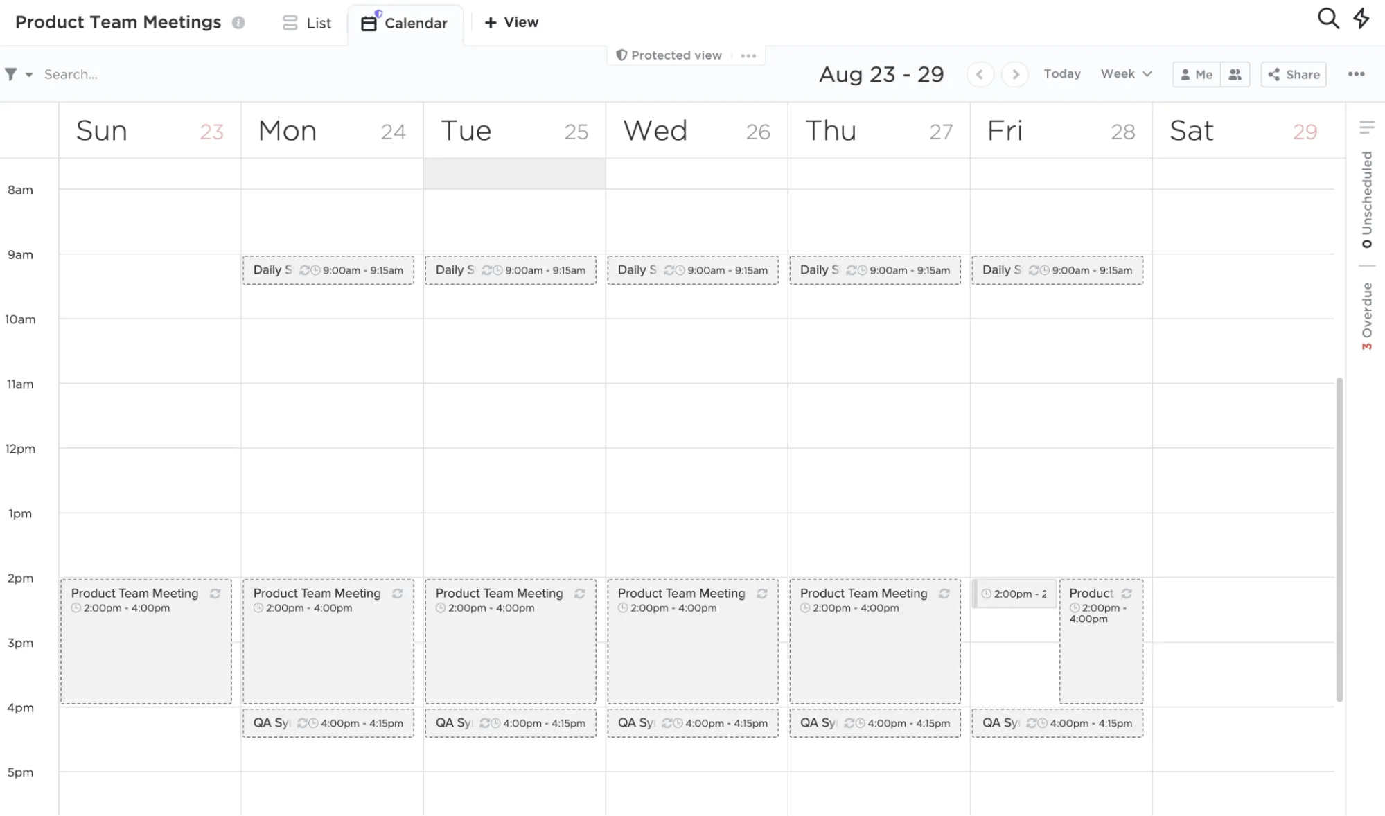 Visualizzazione calendario ClickUp per le riunioni sui prodotti