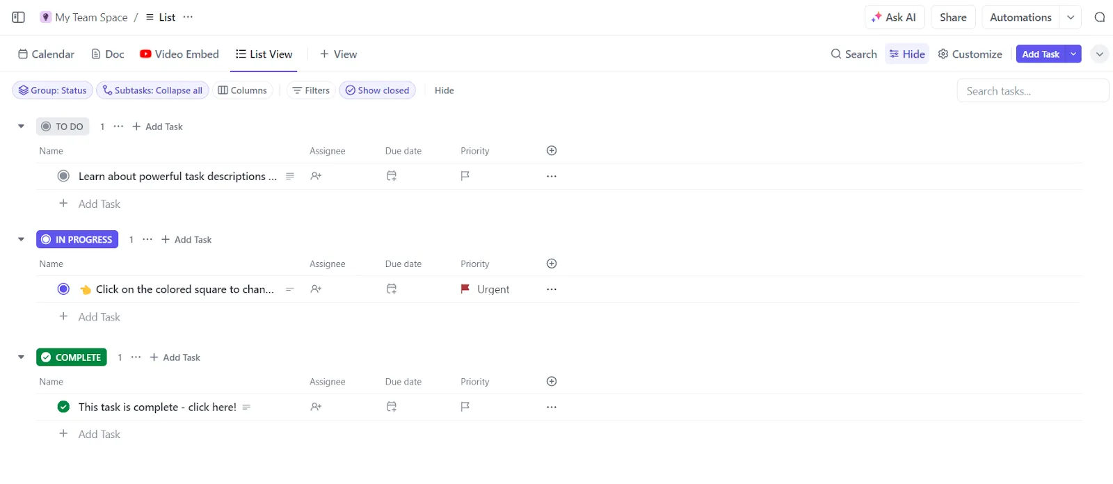 Gérez vos tâches personnelles et professionnelles grâce au modèle de liste de tâches de projet ClickUp