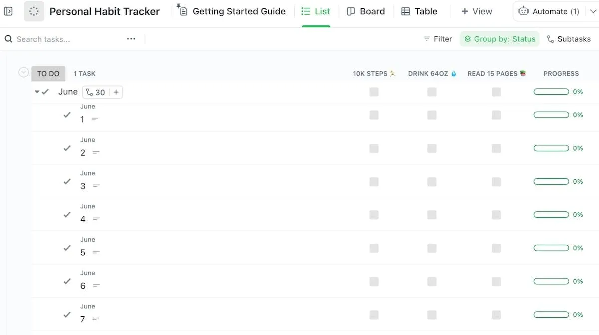 Modello di tracker delle abitudini personali ClickUp
