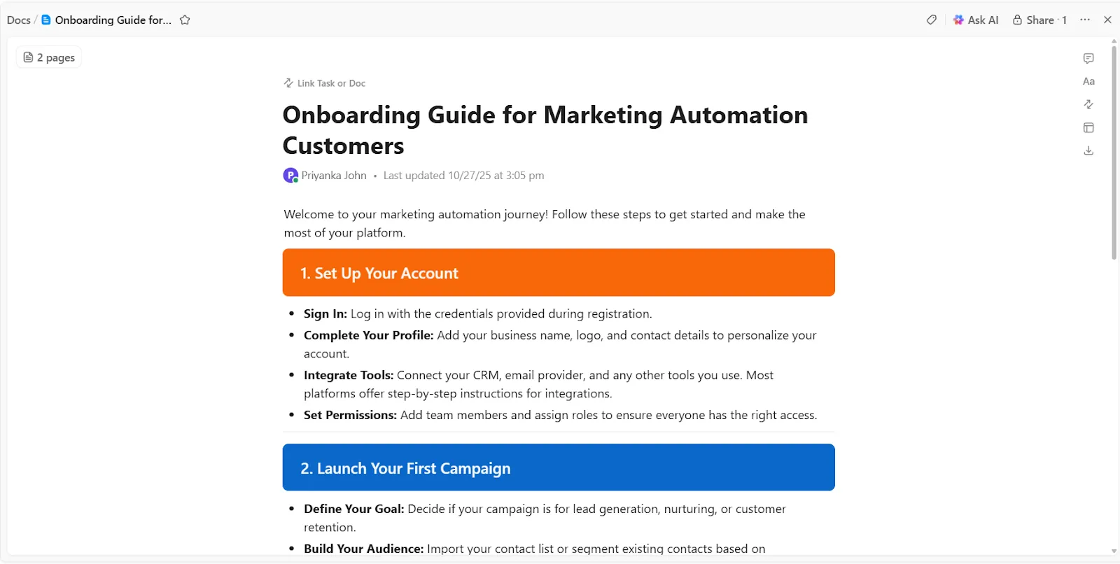 Crea e organizza le conoscenze interne utilizzando ClickUp Documenti