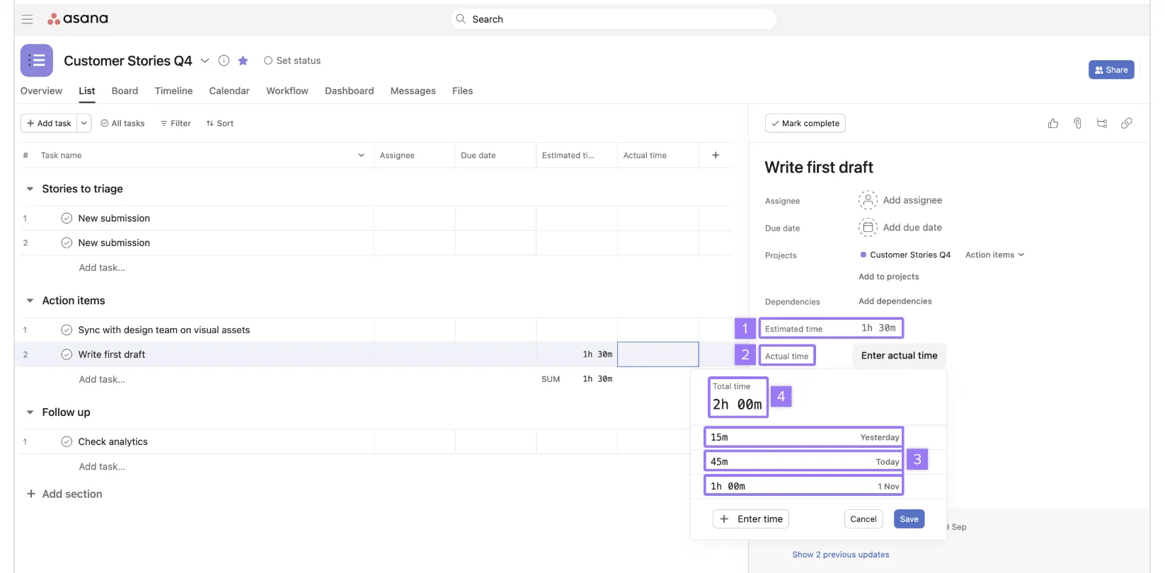 Función de control de tiempo de Asana