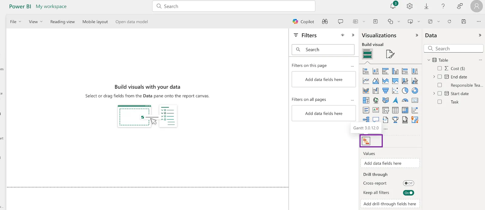 Símbolo de visualização do gráfico de Gantt do Power BI no painel de visualização