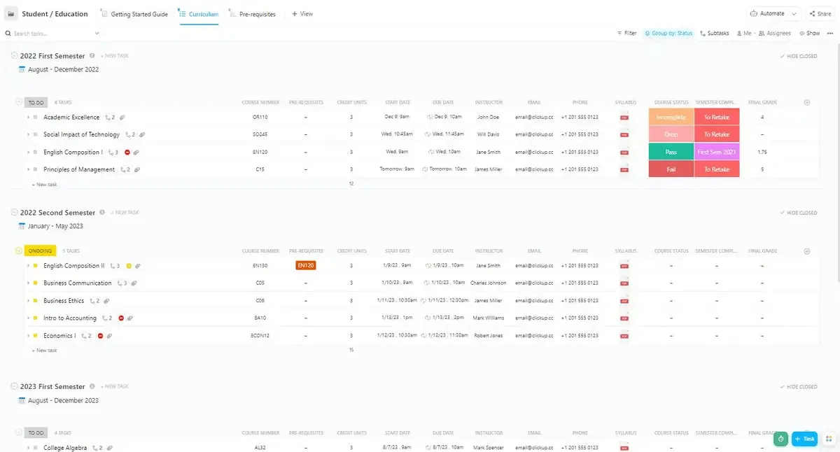 Le modèle « Student Education » (Éducation des élèves) de ClickUp est conçu pour aider les élèves et les enseignants à gérer la progression des cours.