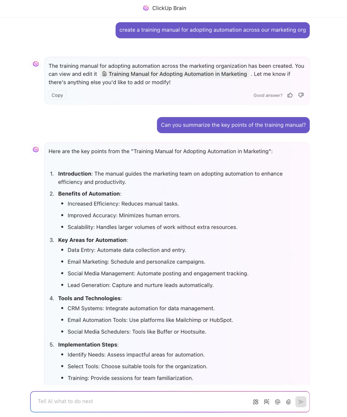 ClickUp Brain을 활용해 심층적인 교육 자료를 제작하세요