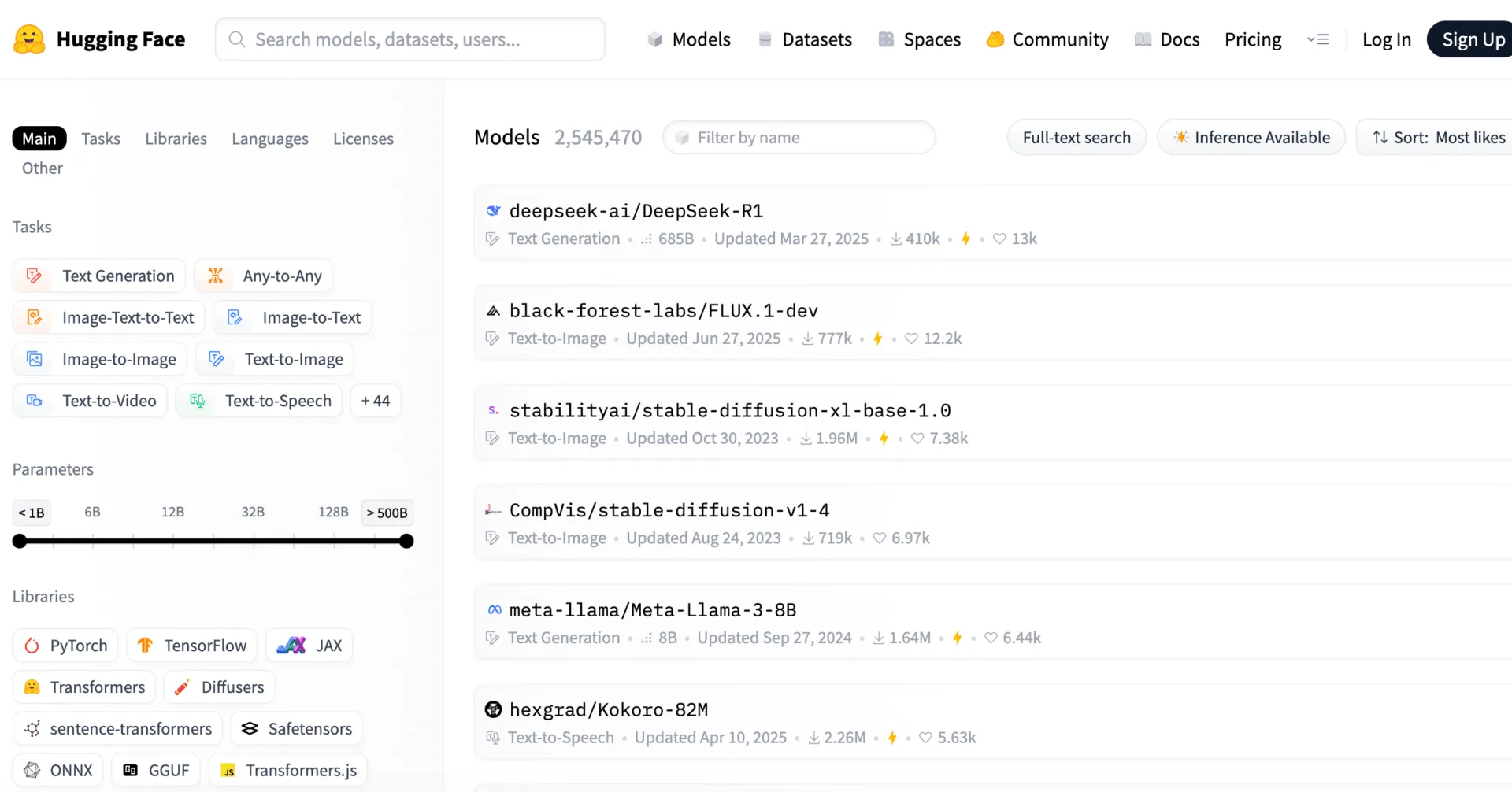 หน้ารายการแสดงรุ่นบน Hugging Face
ที่มา: https://huggingface.co/models