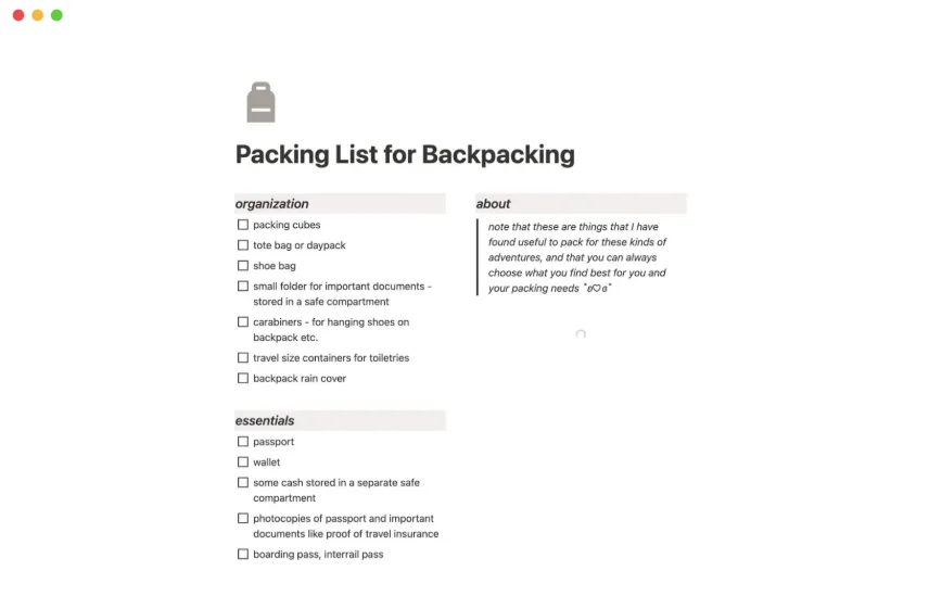 Template Daftar Packing Sederhana untuk Backpacking: template daftar tugas Notion