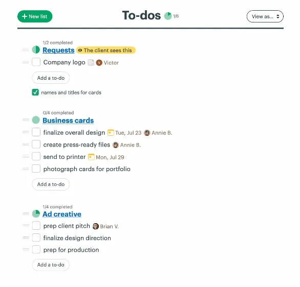 Ejemplo de tareas pendientes en Basecamp