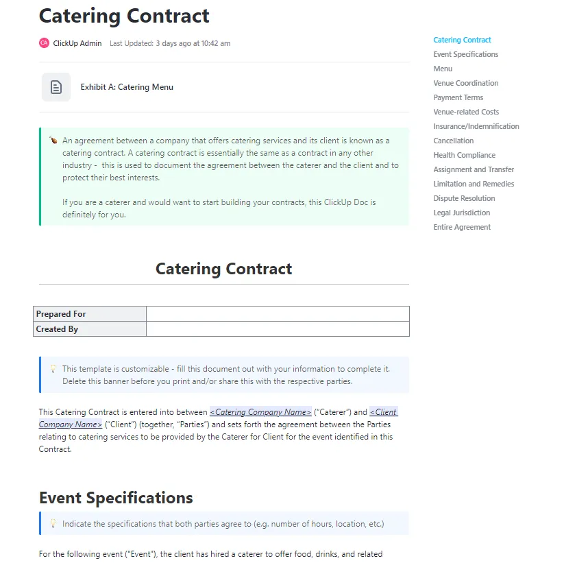 Vorlage für Catering-Angebote: ClickUp-Vorlage für Catering-Verträge