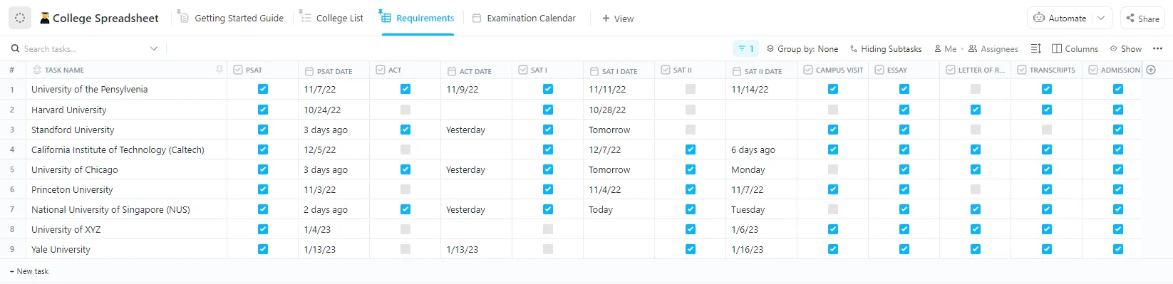 ClickUp College-spreadsheetsjabloon