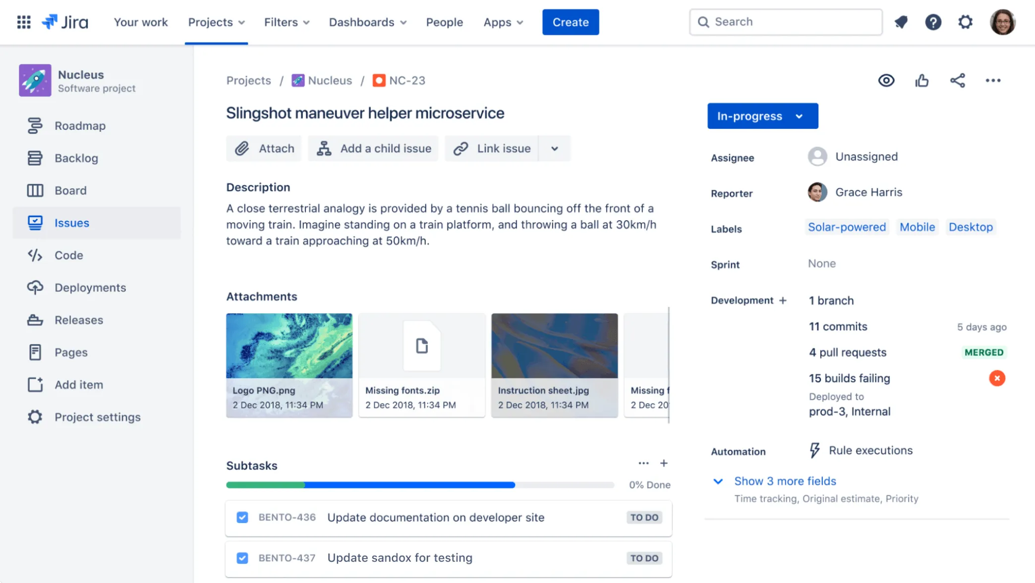 Exemple de statut du développement de Jira